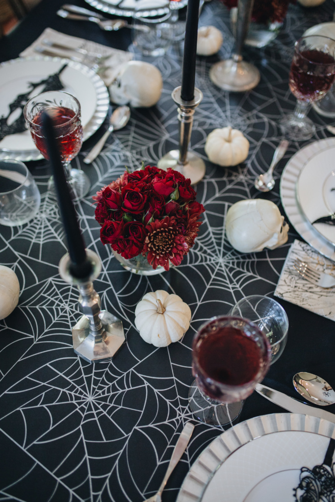 Elegant Black & Red Halloween Tablescape - Peachfully Chic