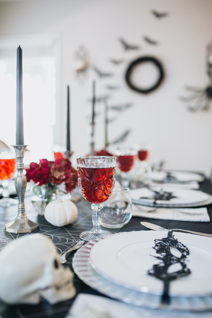 Elegant Black & Red Halloween Tablescape - Peachfully Chic